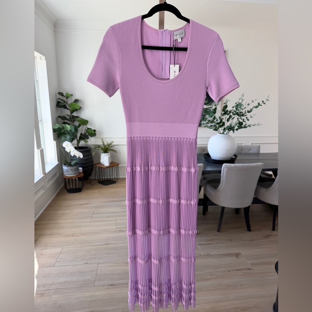 Milly Ribbed Knit Midi Dress Lavender Short Sleeve NWT Size S